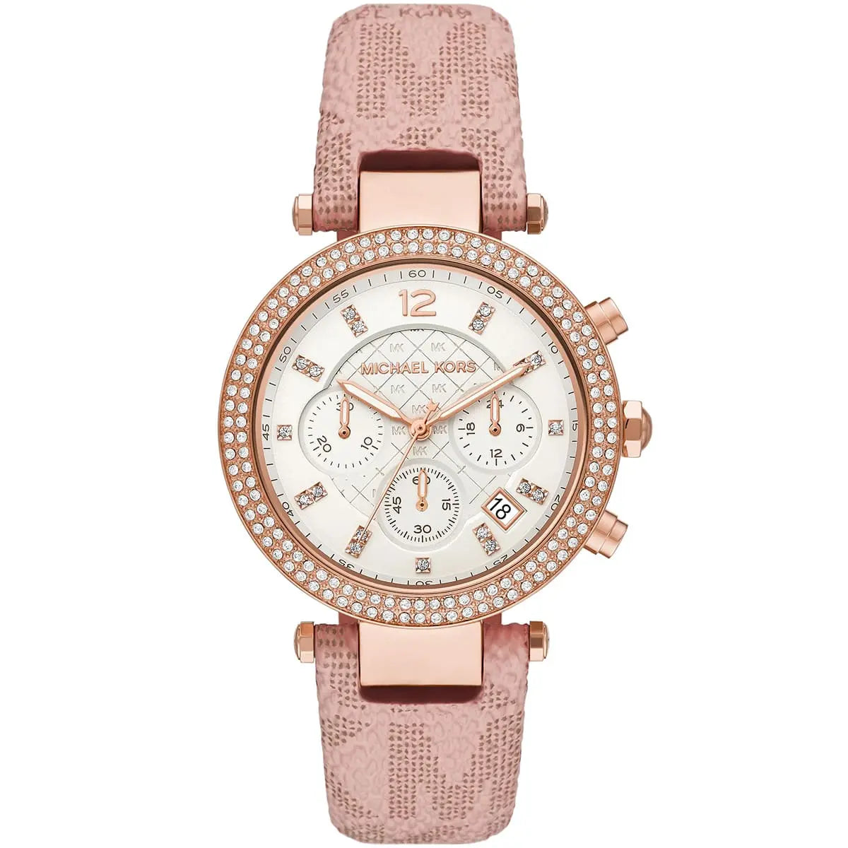 Michael Kors Parker Pavé chronograph watch with white dial, rose gold case, pink leather strap and crystal bezel