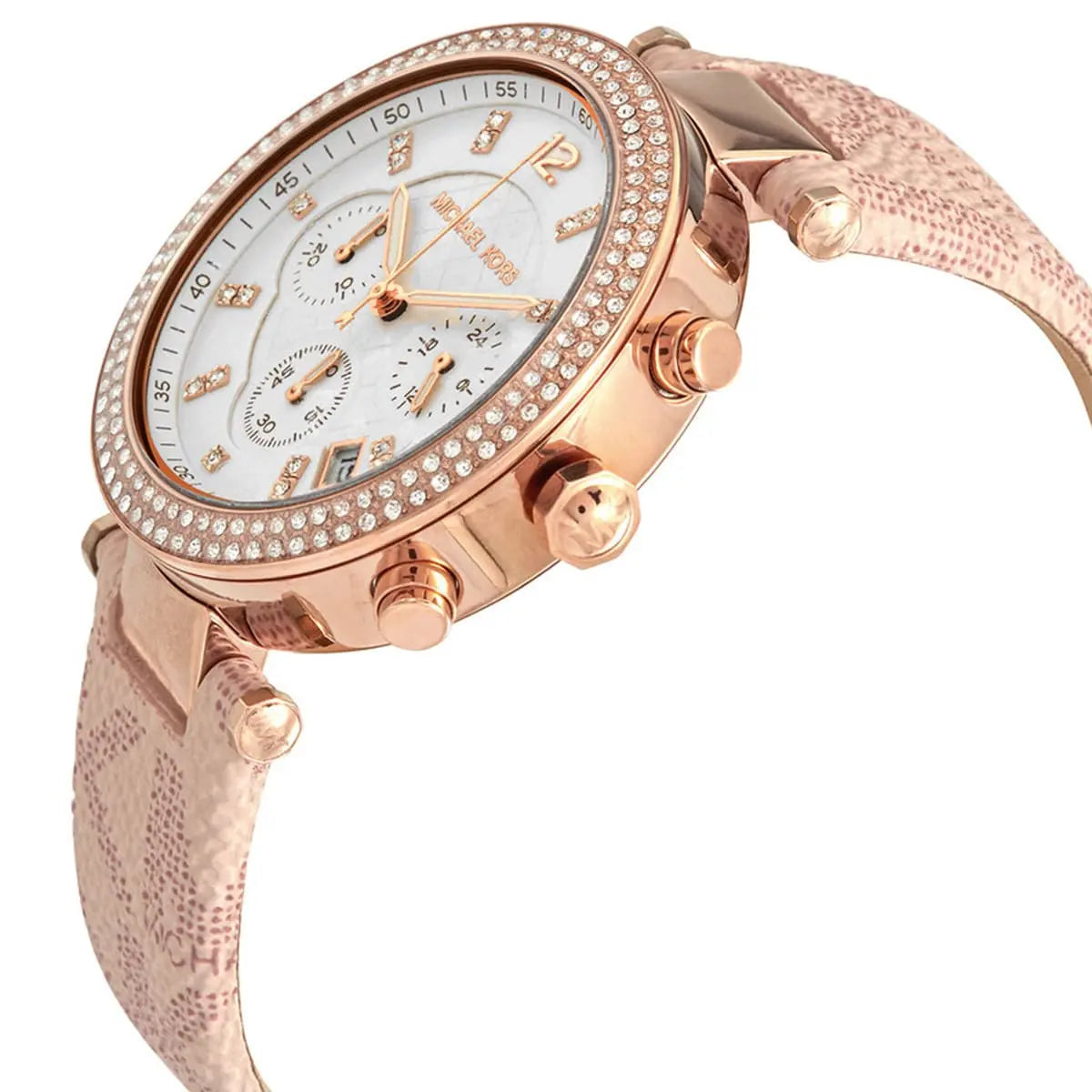 Michael Kors Parker Pavé watch side view with rose gold case, chronograph pushers, and pink leather strap