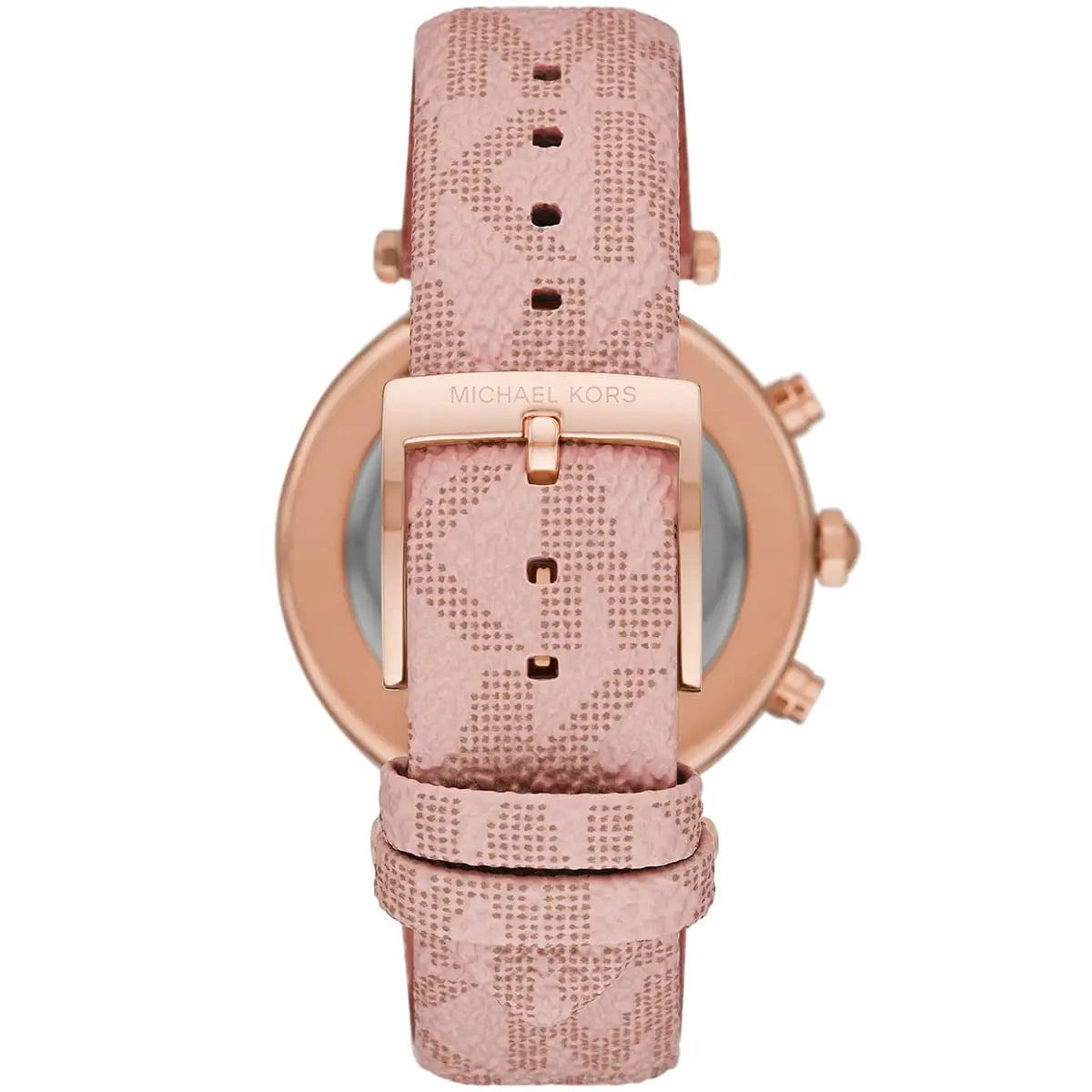 Michael Kors Parker Pavé watch strap detail showing pink quilted leather with rose gold buckle