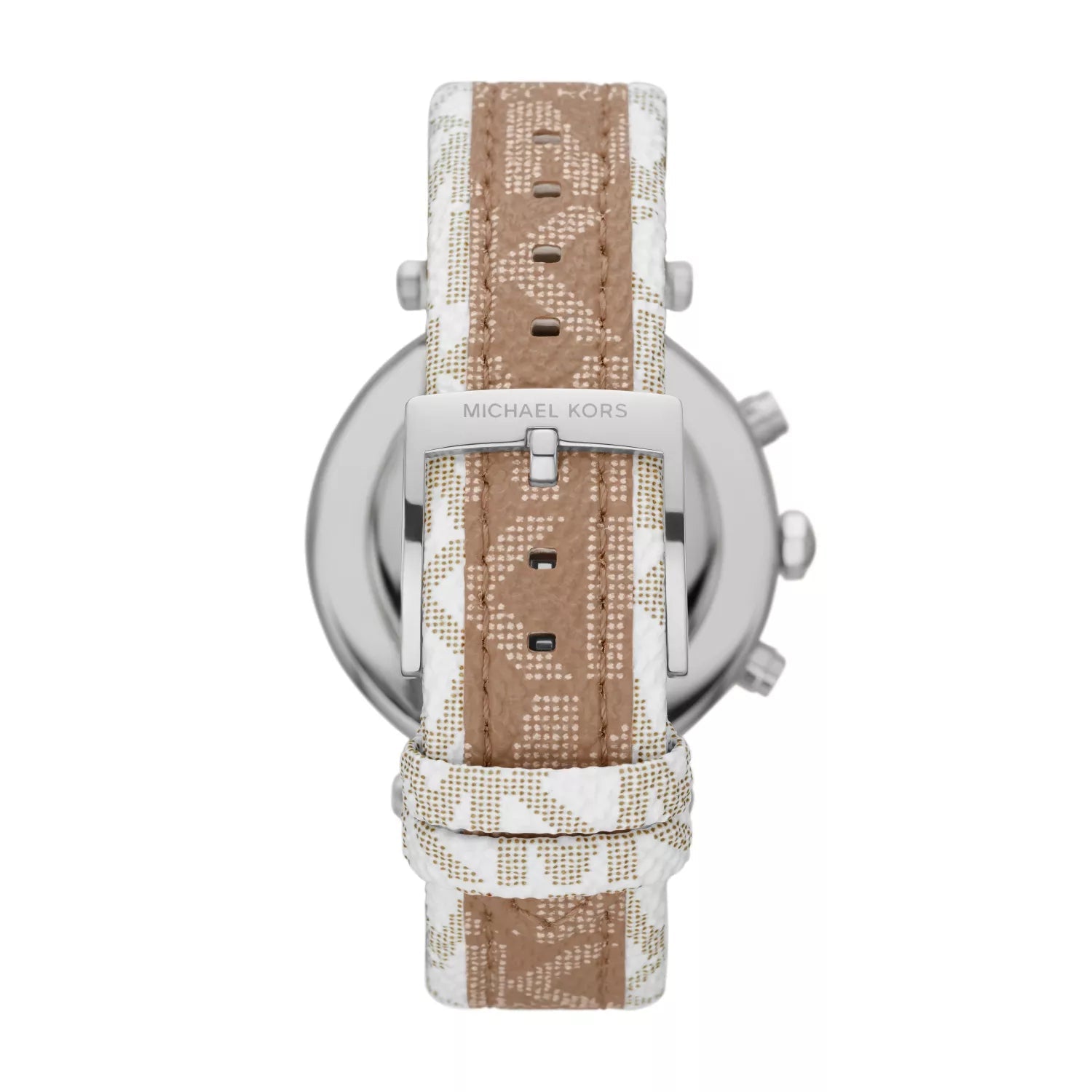 Back case view of Michael Kors Parker watch showing silver case back and brown signature-print PVC leather strap