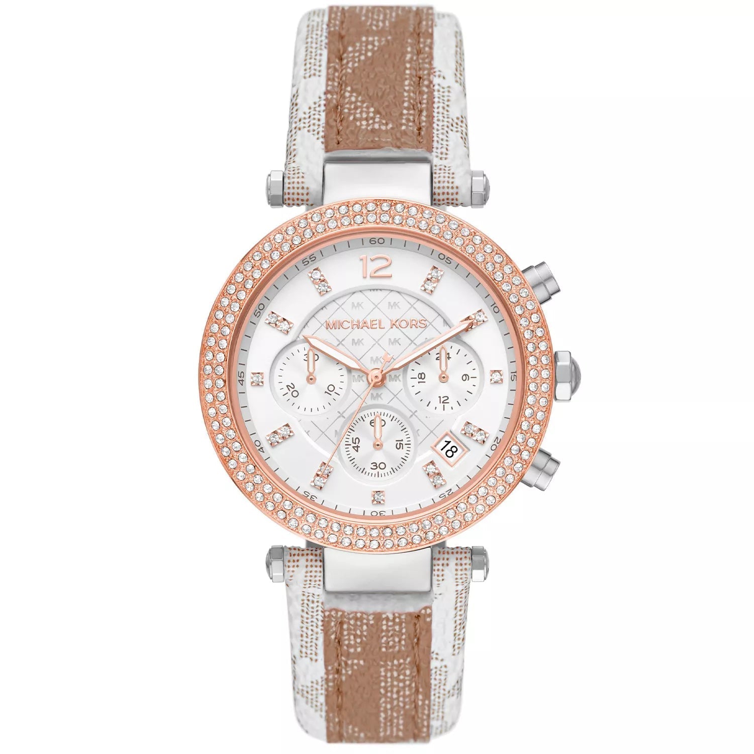 Michael Kors Parker Pavé two-tone women's chronograph watch with rose gold bezel and signature-print strap