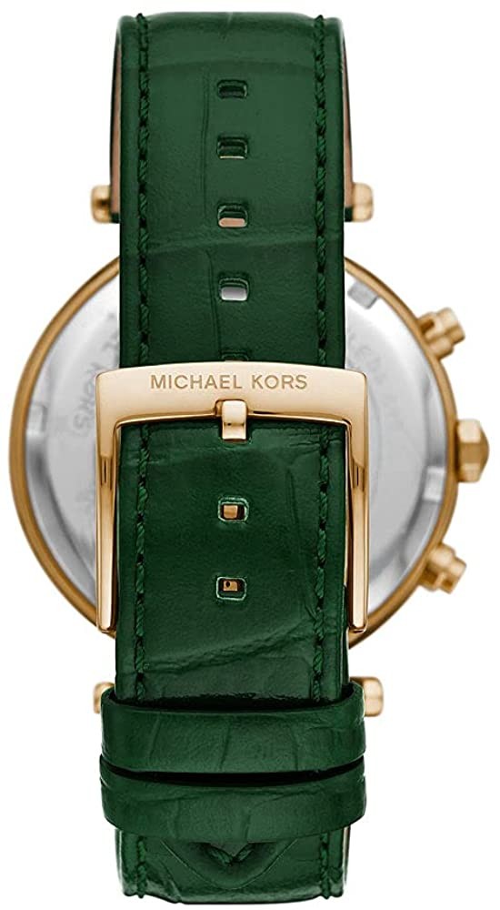 Michael Kors Parker watch caseback showing green leather strap and gold-tone case back