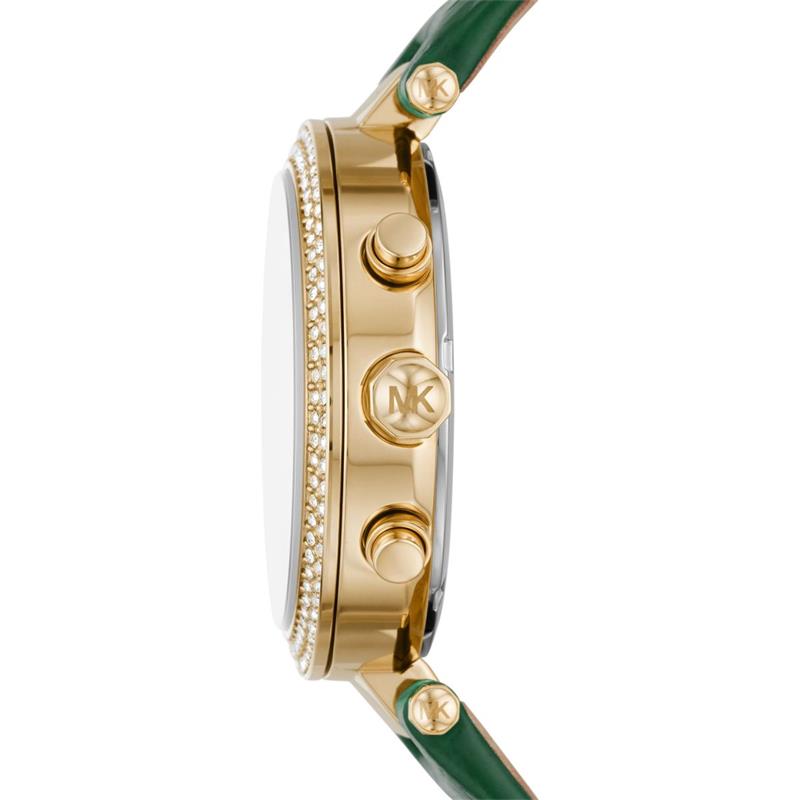 Michael Kors Parker watch side profile displaying gold case, crystal bezel, and chronograph pushers