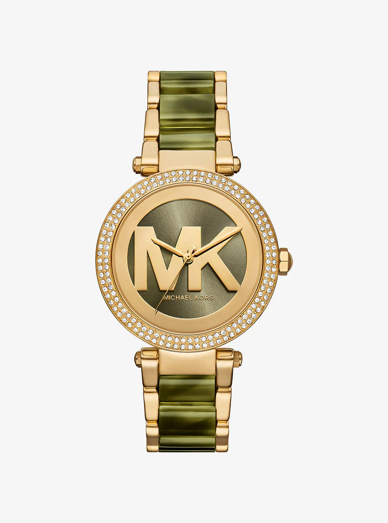 Michael Kors Parker gold-tone pavé women's watch with thyme acetate strap
