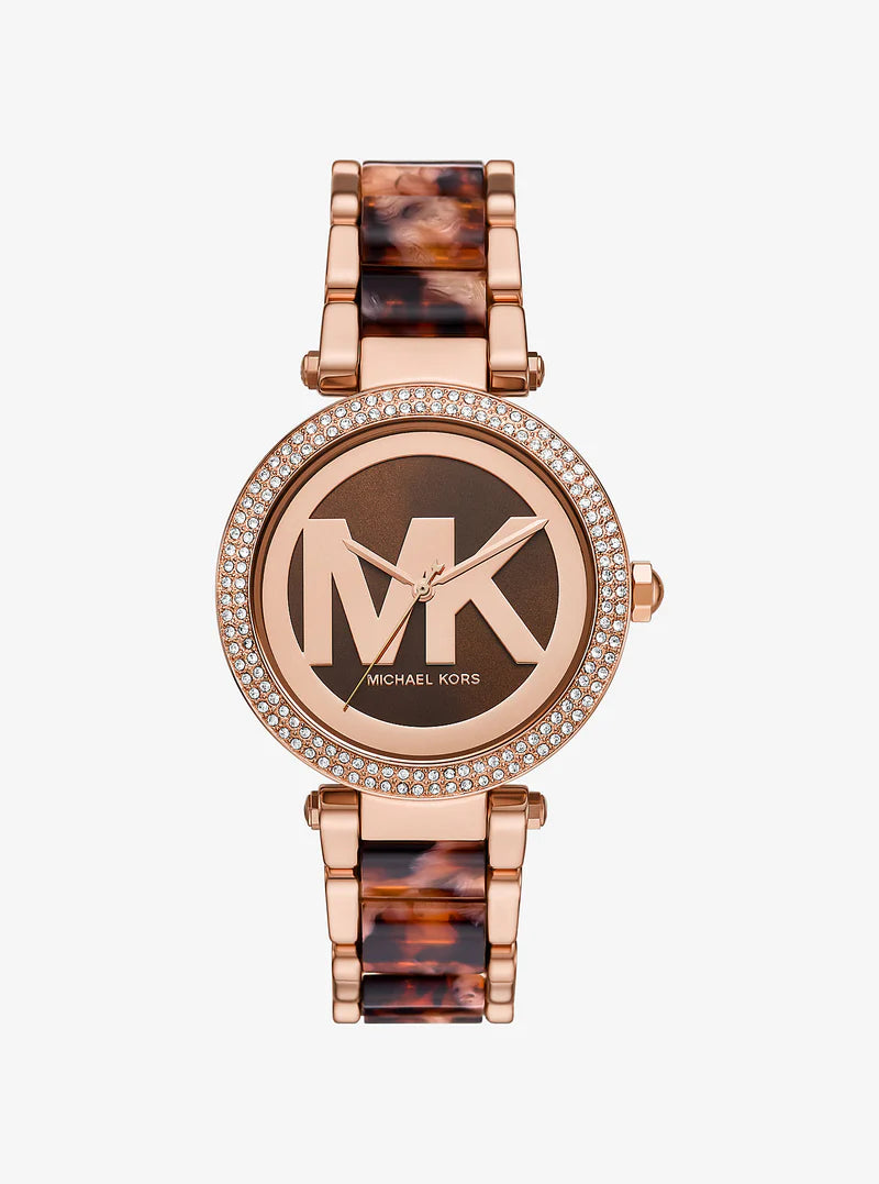 Michael Kors Parker Pavé rose gold-tone women's watch with crystal-set bezel and tortoiseshell acetate strap