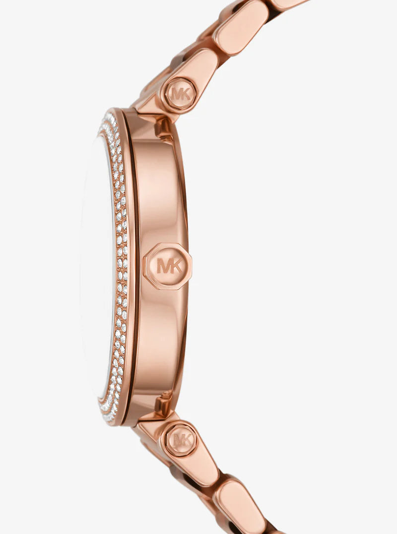 Side view of Michael Kors Parker Pavé rose gold watch showing case profile and strap articulation