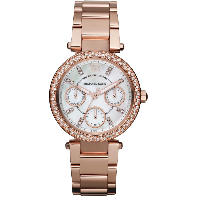 Michael Kors Parker rose gold ladies watch with crystal bezel and white dial with subdials