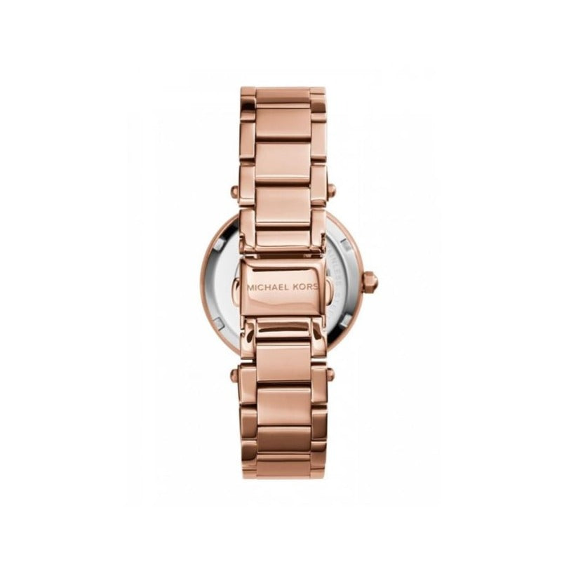 Michael Kors Parker rose gold watch side profile showing bracelet and case