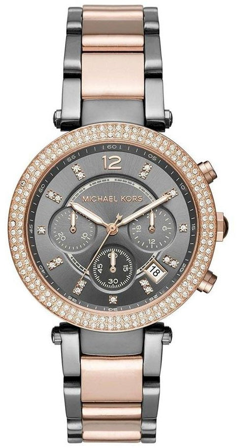 Michael Kors Parker two-tone women's watch with rose gold and gunmetal bracelet, crystal-set bezel, and black dial