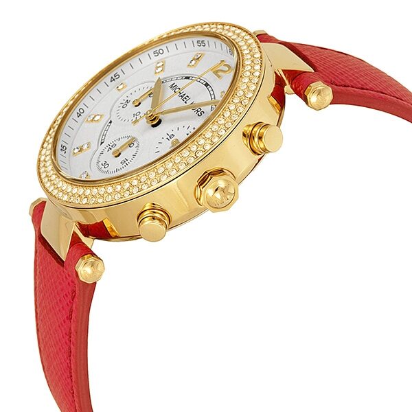 Side angle view of Michael Kors Parkers chronograph with gold pushers, crystal bezel, and red leather strap