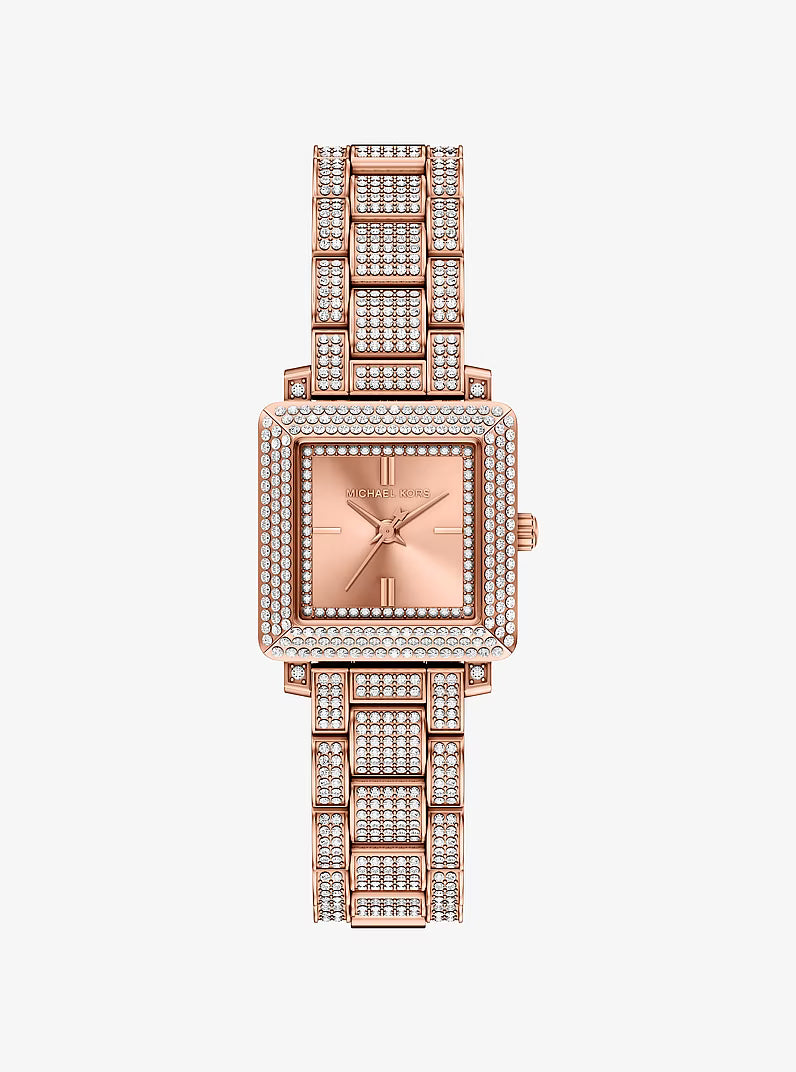 Michael Kors Petite Gwynn rose gold-tone square watch with pavé crystal bezel and bracelet