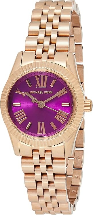 Michael Kors Pettie Lexington watch at angle showing rose gold bracelet and purple dial