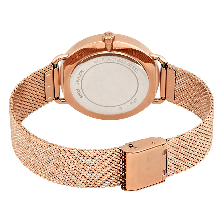 Michael Kors Porita watch caseback showing rose gold mesh bracelet and closure