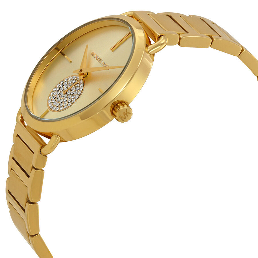 Michael Kors Portia watch angled view showing gold bracelet strap and dial detail