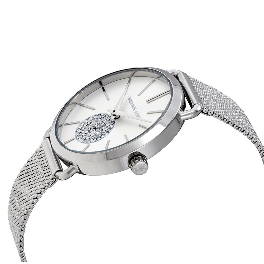 Michael Kors Portia watch angled view showing silver case and mesh bracelet