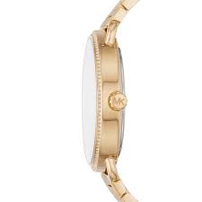 Michael Kors Portia watch shown from side profile with gold stainless steel bracelet