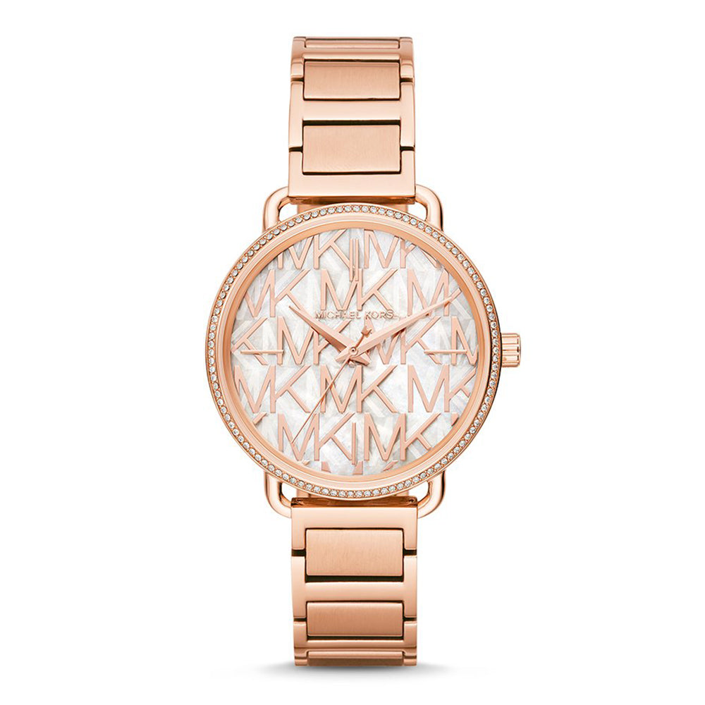 Michael Kors Portia rose gold women's watch with mother-of-pearl patterned dial and crystal bezel