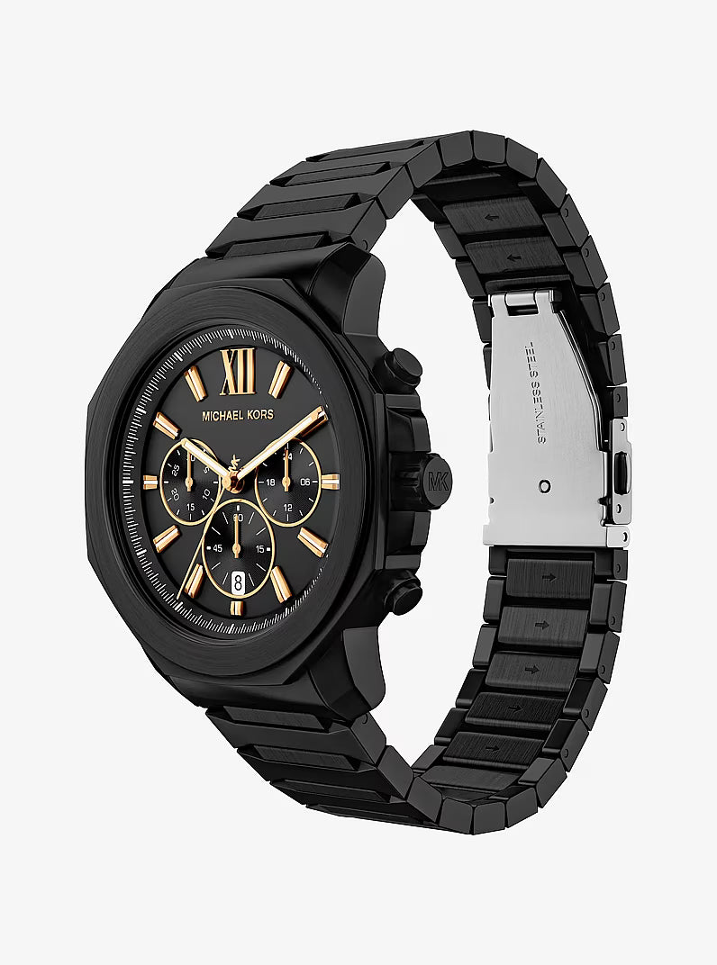 Michael Kors Prescott MK9252 side angle view showing black steel bracelet and chronograph subdials