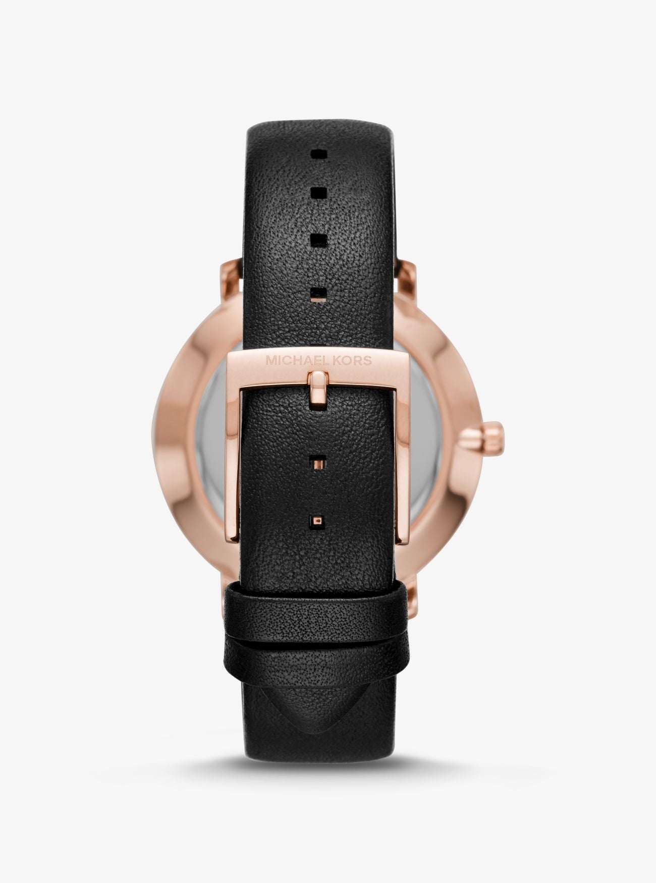 Back view of Michael Kors Pyper watch showing case back and black leather strap detail