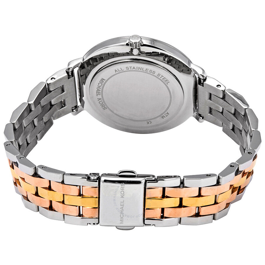Michael Kors Pyper watch caseback and tri-tone stainless steel bracelet with clasp