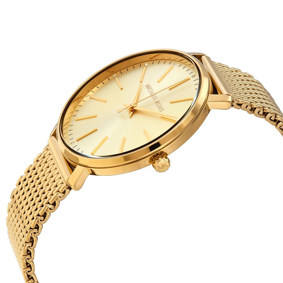 Michael Kors Pyper watch angled view showing gold dial and mesh strap
