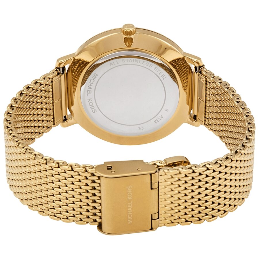 Michael Kors Pyper watch caseback and gold mesh strap with buckle closure