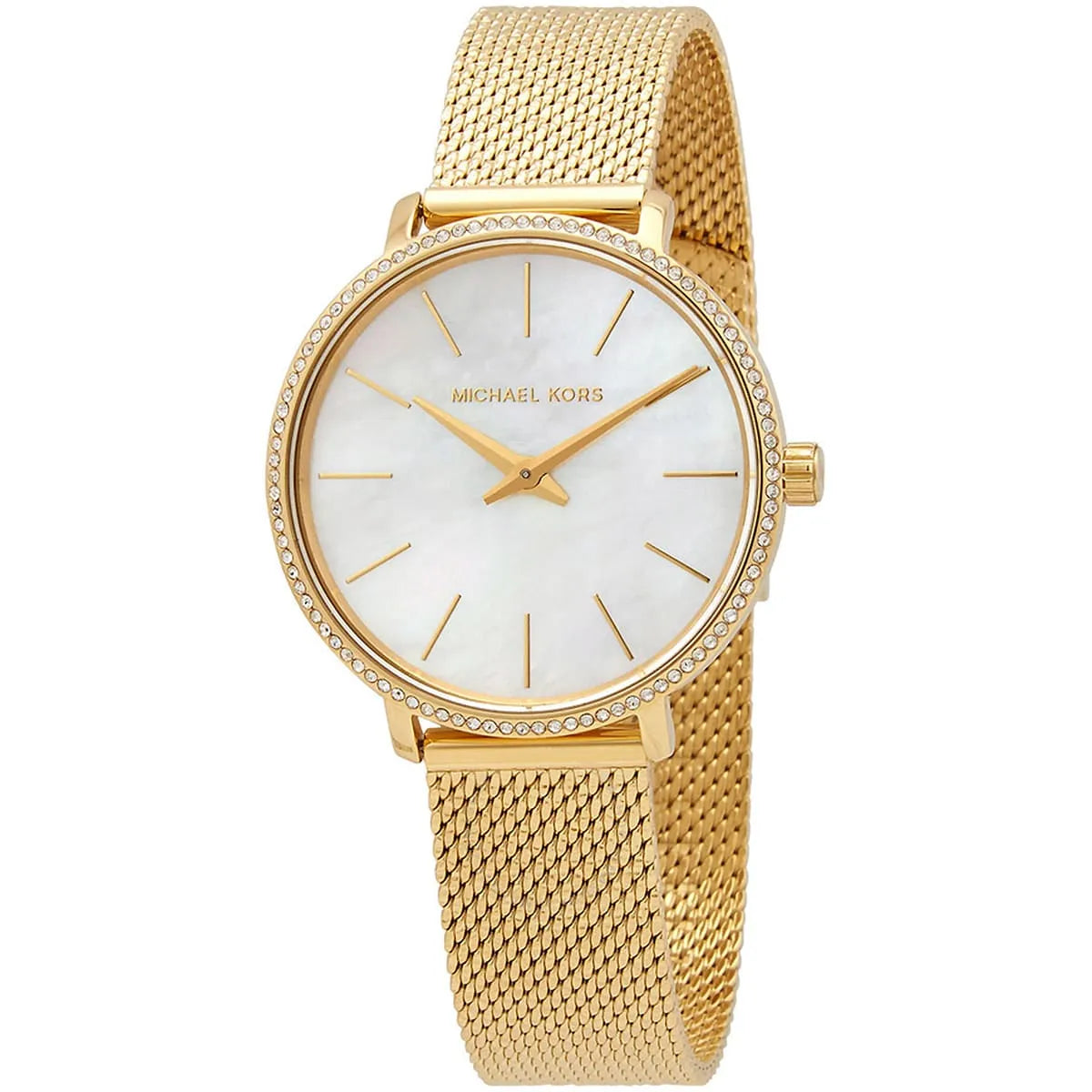 Michael Kors Pyper watch angled view showing gold mesh bracelet and white dial