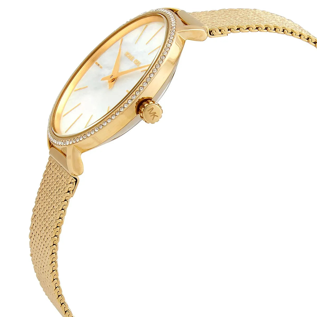 Michael Kors Pyper watch side profile with gold case and mesh band