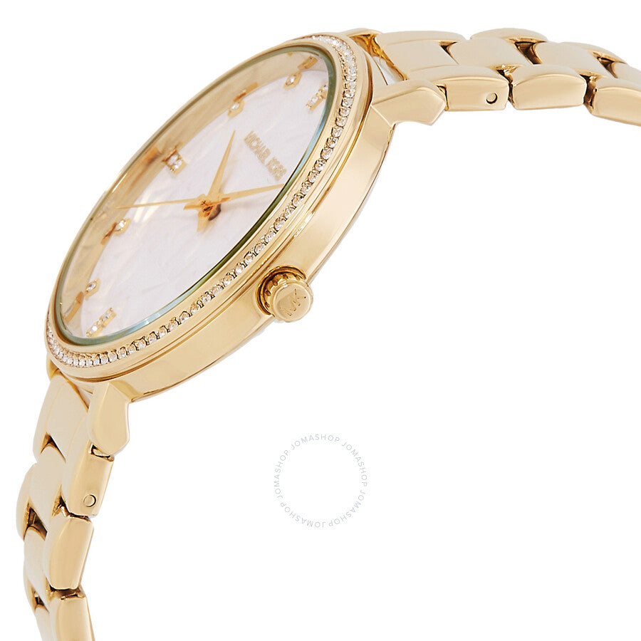 Side view of Michael Kors Pyper watch showing gold-tone case and crystal-set bezel