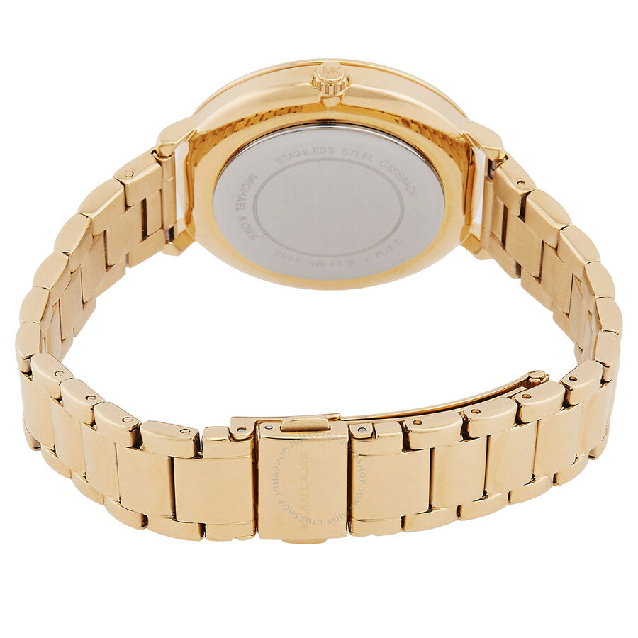 Back view of Michael Kors Pyper watch showing gold-tone bracelet and caseback