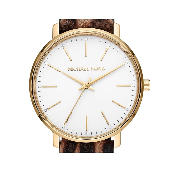 Michael Kors Pyper watch angled view displaying white dial, gold hands, and cheetah print strap