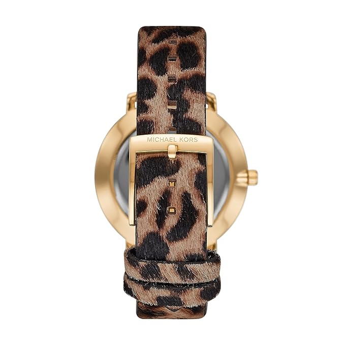 Michael Kors Pyper watch caseback view showing gold-tone case and cheetah print leather strap