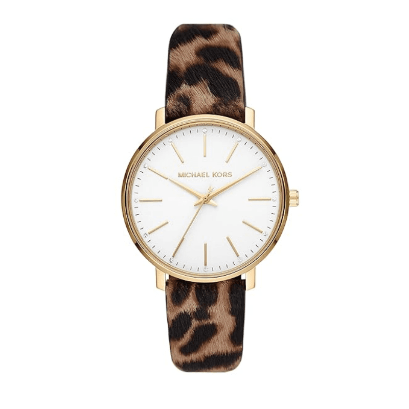 Michael Kors Pyper women's watch with white dial, gold-tone case, and cheetah print leather strap