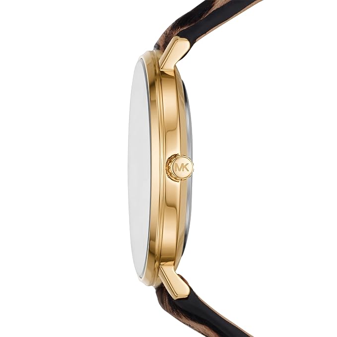 Michael Kors Pyper watch side view showing gold-tone case profile and cheetah print strap