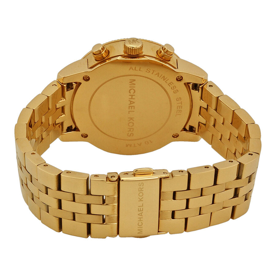 Michael Kors Ritz watch caseback showing engraved branding and metal bracelet