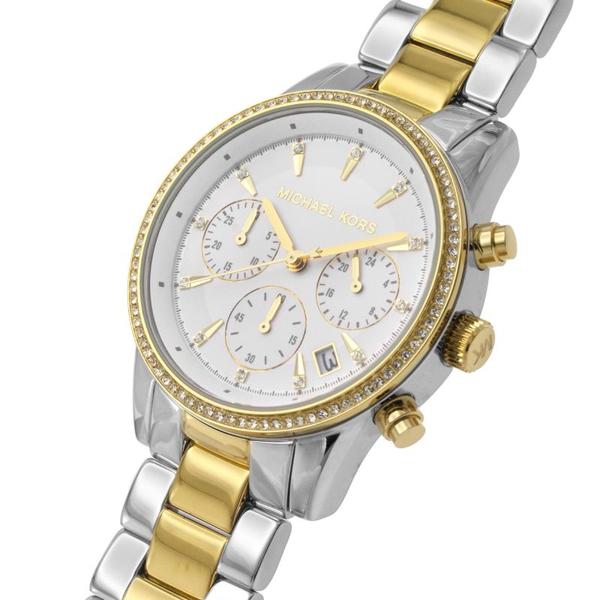 Michael Kors Ritz watch angled view showing two-tone silver and gold bracelet and dial detail