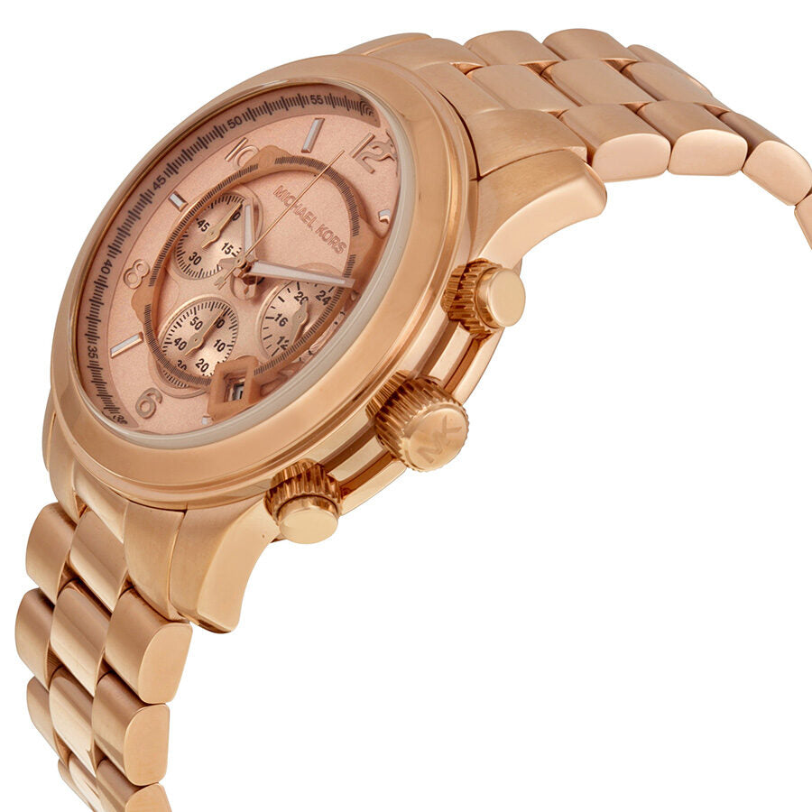 Michael Kors Runway MK8096 angled view showing rose gold chronograph case and bracelet
