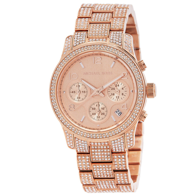 Michael Kors Runway Chronograph Quartz Crystal Rose Gold Dial Ladies Watch MK7481 - The Watches Men & Co