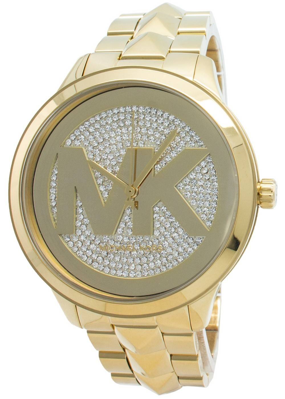 Michael Kors Runway Mercer watch angled view showing crystal pave dial with MK logo and gold bracelet