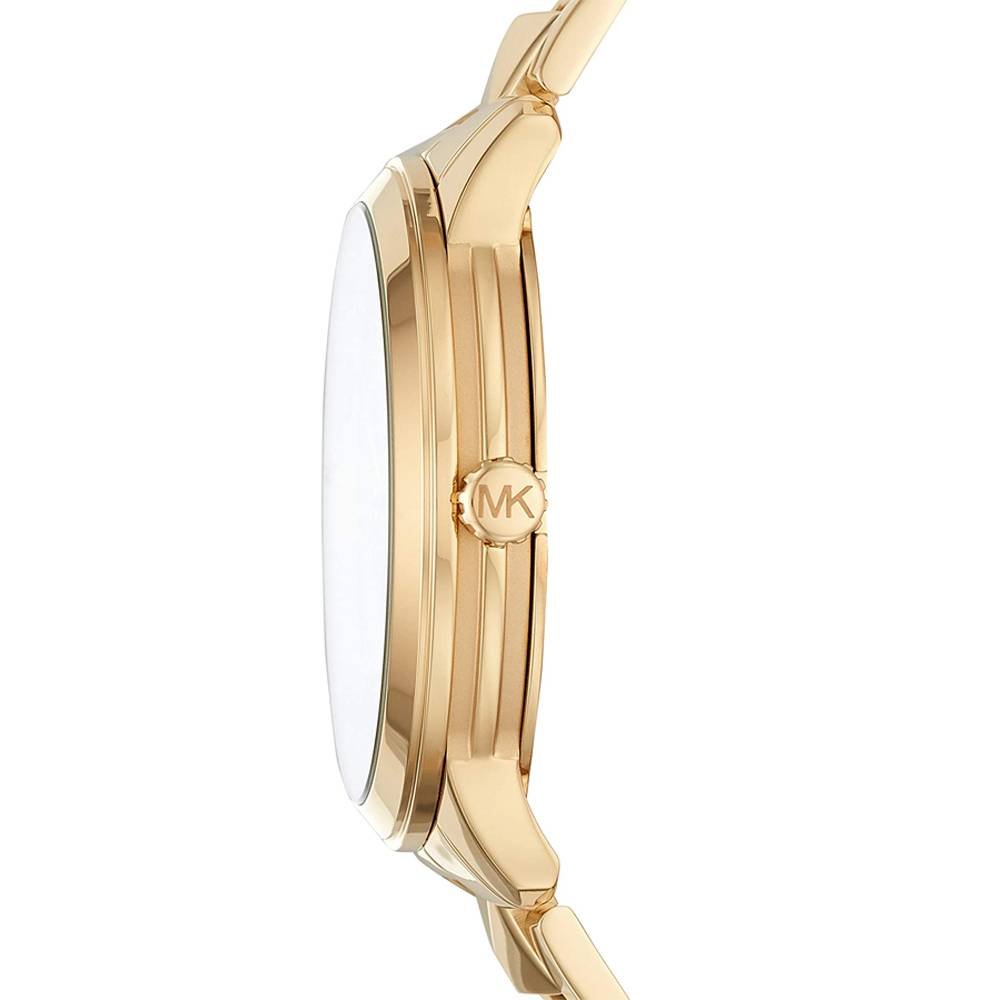 Michael Kors Runway Mercer watch side profile showing gold-tone case and bracelet thickness