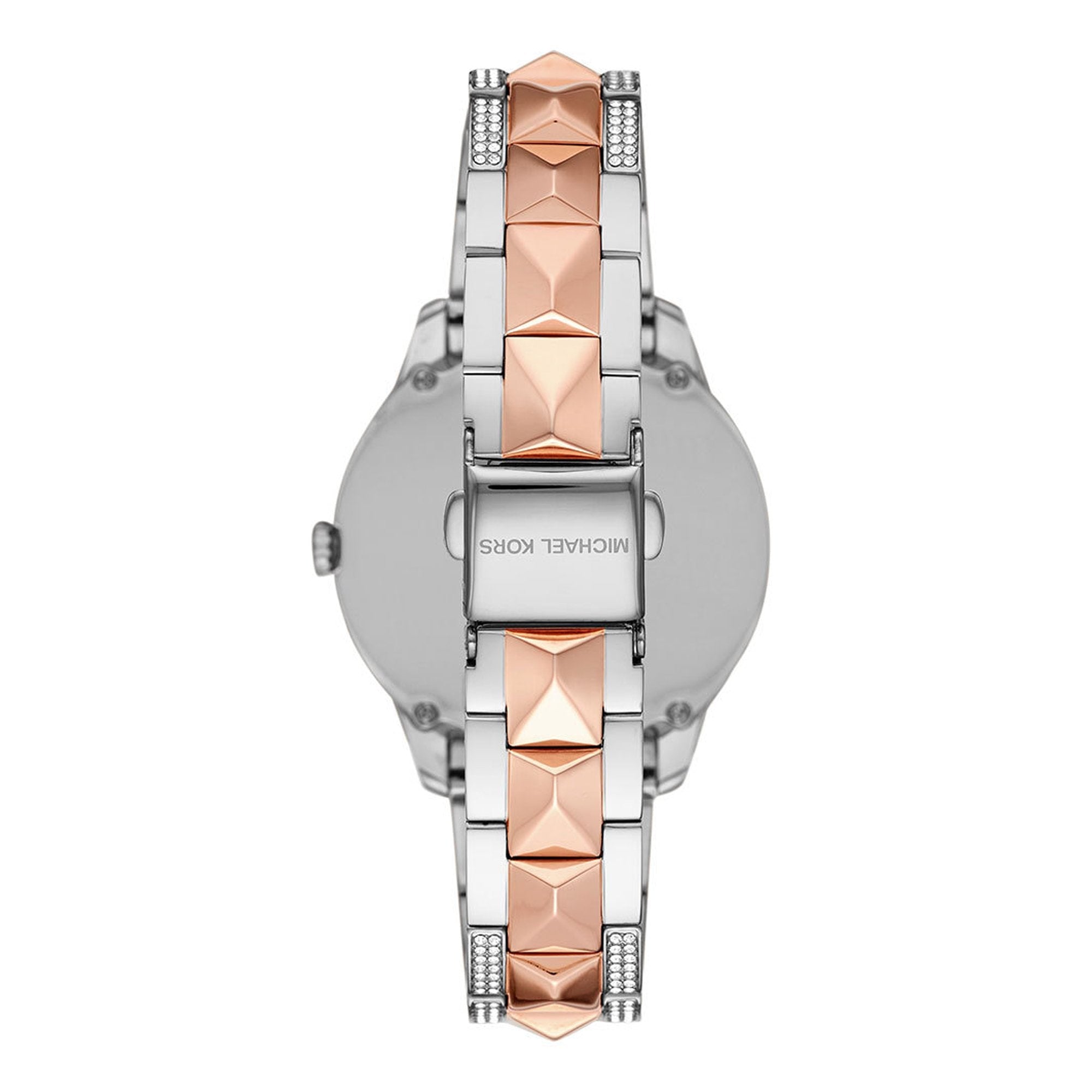 Case back view of Michael Kors Runway Mercer watch showing two-tone rose gold and silver design