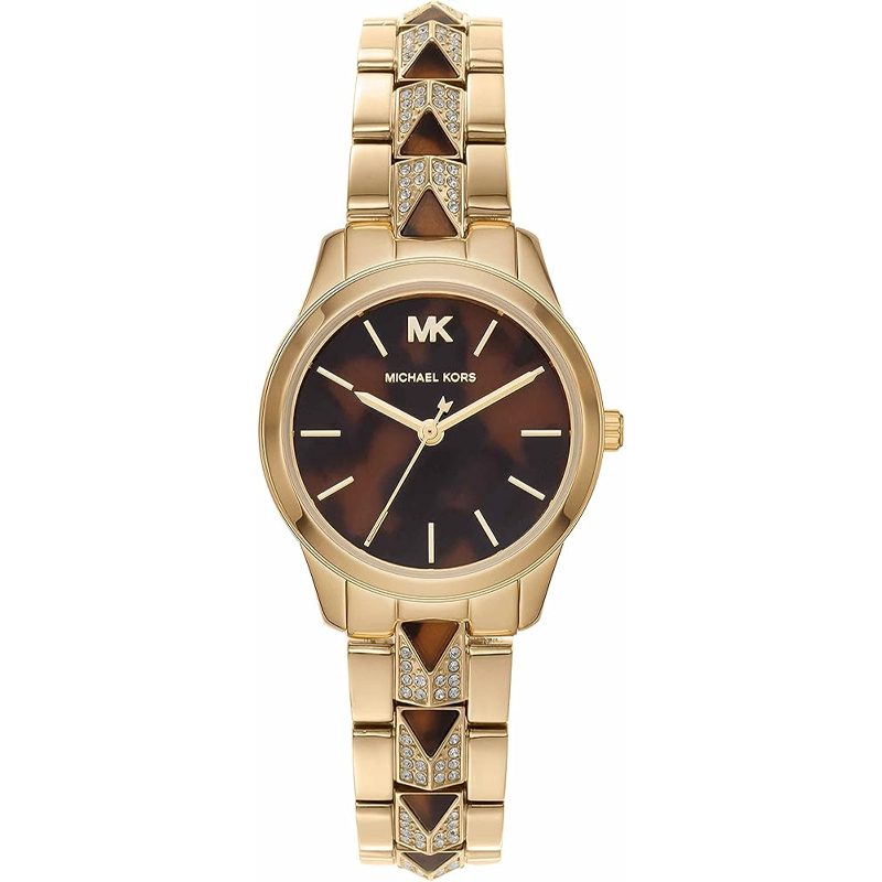 Michael Kors Runway Mercer watch with brown dial, gold case, and gold steel strap with triangle studs
