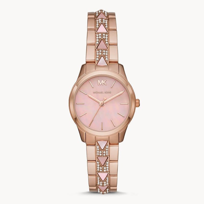 Michael Kors Runway Mercer women's watch with rose gold-tone case, mother of pearl dial, and decorative strap
