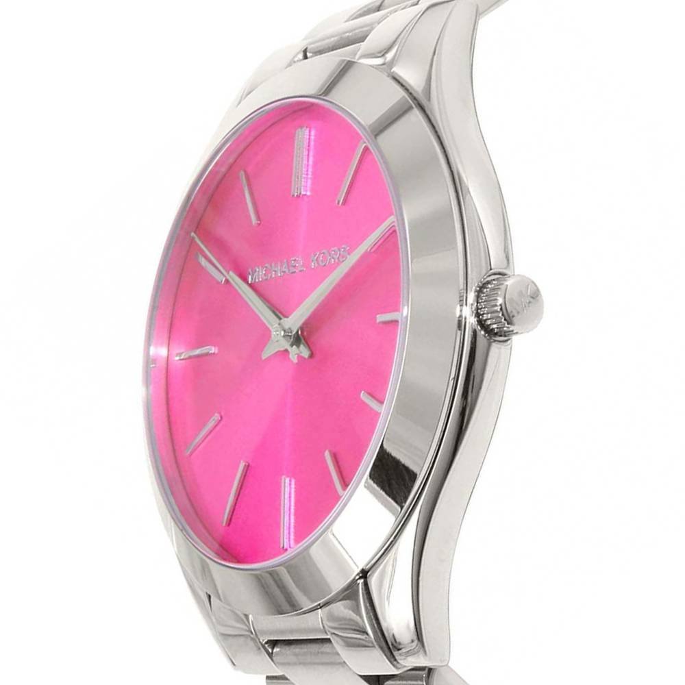 Side angle view of Michael Kors Runway watch with purple dial and silver case
