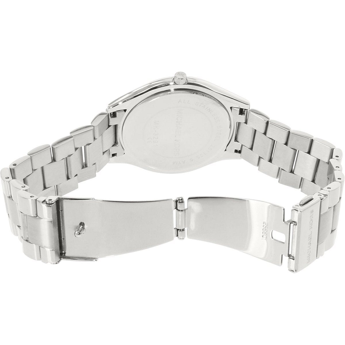 Silver-tone stainless steel caseback with Michael Kors Runway bracelet detail