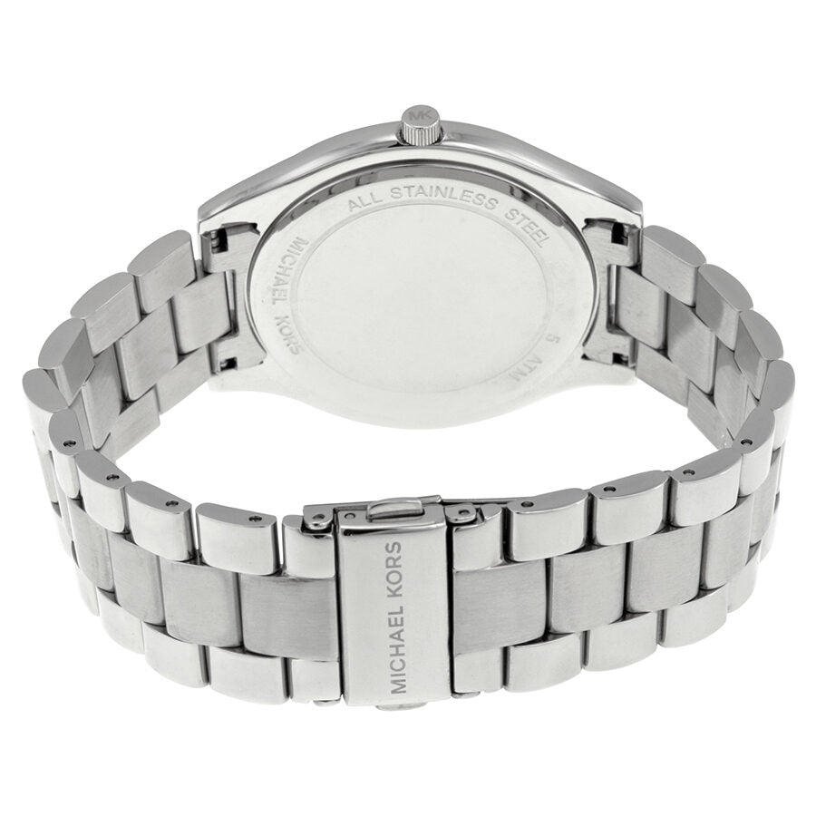 Michael Kors Runway stainless steel watch caseback and bracelet detail