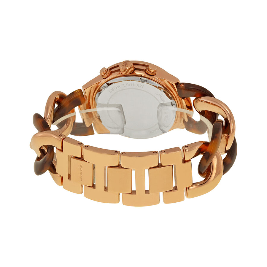 Michael Kors Runway watch back view showing case back and rose gold bracelet with tortoise links