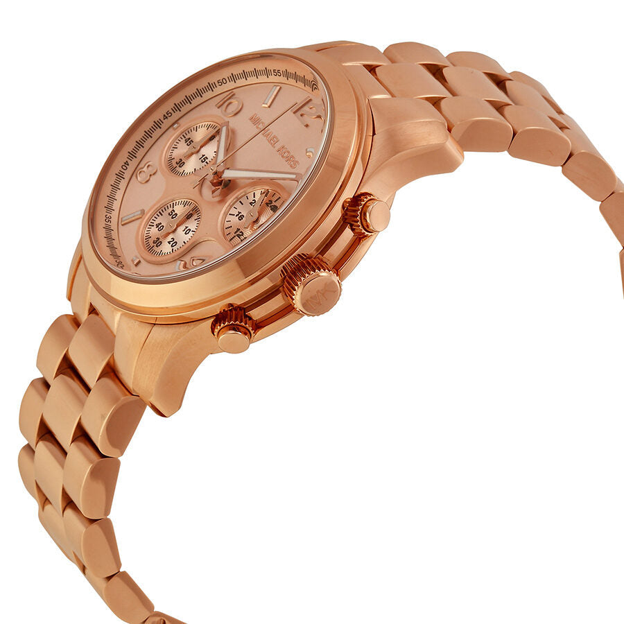 Michael Kors Runway MK5128 angled side view showing rose gold-tone stainless steel case and bracelet