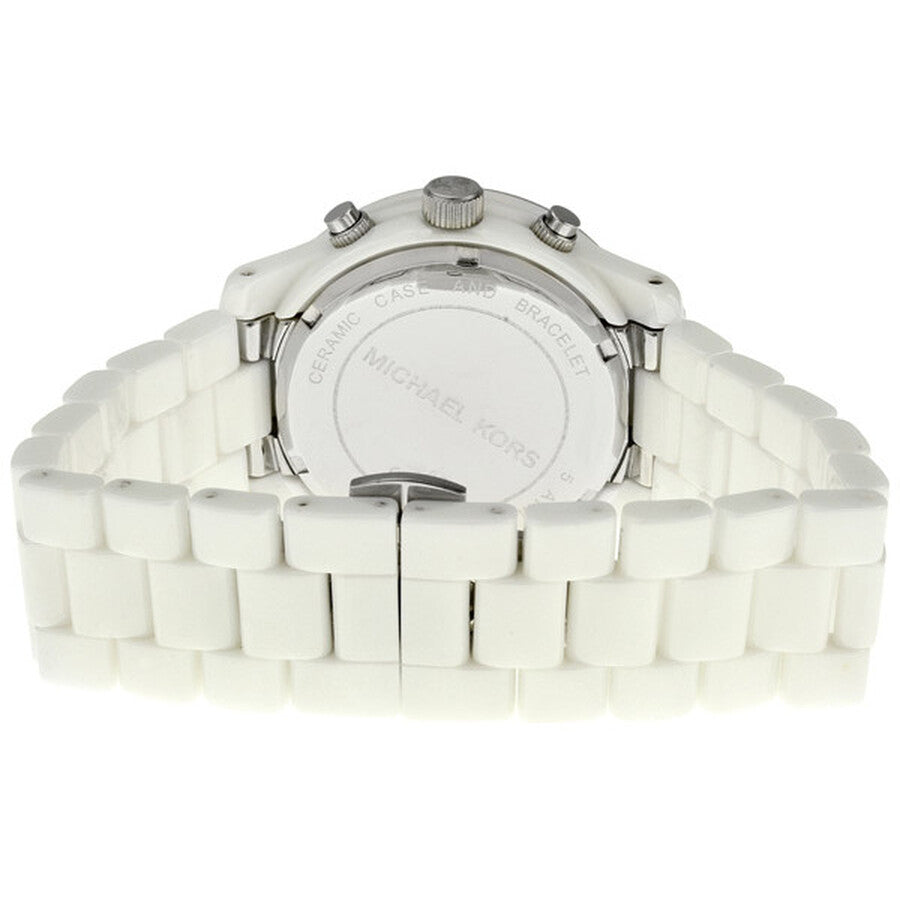 Michael Kors MK5188 watch caseback showing white ceramic link bracelet from rear view