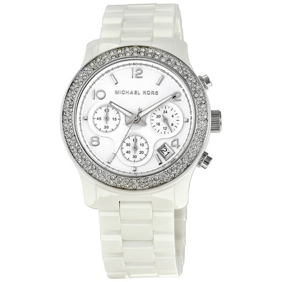 Michael Kors Runway MK5188 white ceramic watch with crystal-set bezel and chronograph dial